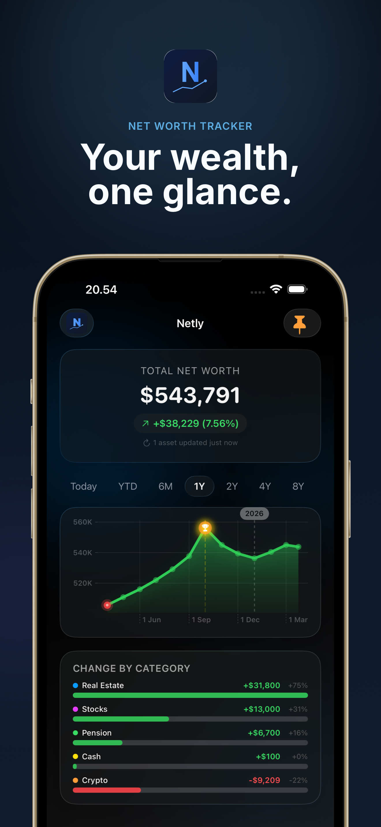 Netly app showing net worth dashboard with portfolio chart and category breakdown